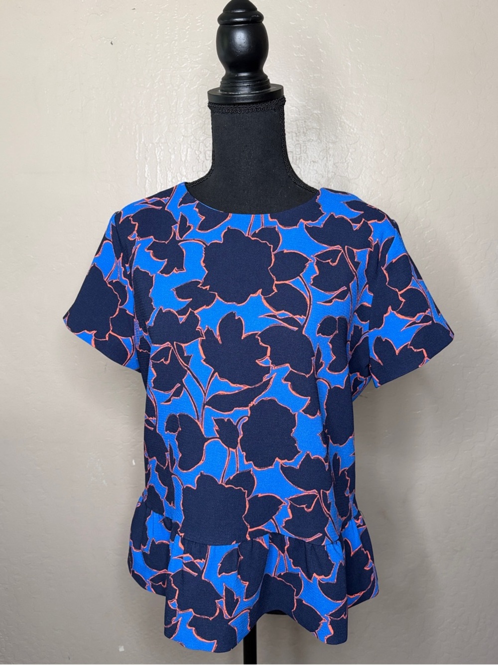 Halogen Navy and Cobalt Floral Peplum Blouse